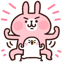 Nhãn dán  Usagi, a pink rabbit, stands proudly behind Piske, a white bird, while they both flex their arms and wear a determined expression.